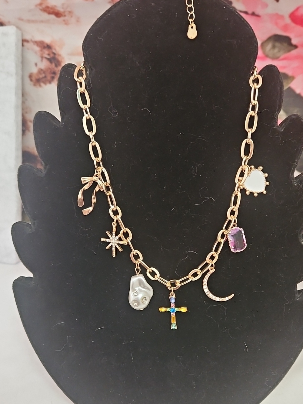 Gold-Tone Multi Charm Necklace with Pearl & Gem Accents